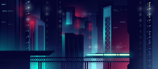 Futuristic night city. Cityscape on a colorful background with bright and glowing neon lights. Wide city front perspective view. Cyberpunk and retro wave style illustration. © UNICRO