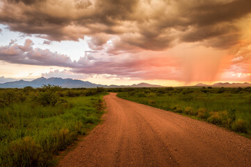 Fototapeta na wymiar Vibrant sunset in Sonoita Arizona, road leading into the distance. 