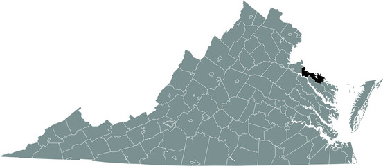 Black highlighted location map of the Westmoreland inside gray administrative map of the Federal State of Virginia, USA