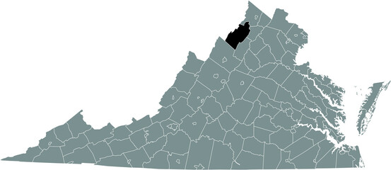 Black highlighted location map of the Shenandoah inside gray administrative map of the Federal State of Virginia, USA