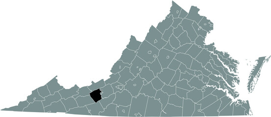 Black highlighted location map of the Pulaski  inside gray administrative map of the Federal State of Virginia, USA