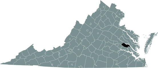 Black highlighted location map of the New Kent inside gray administrative map of the Federal State of Virginia, USA