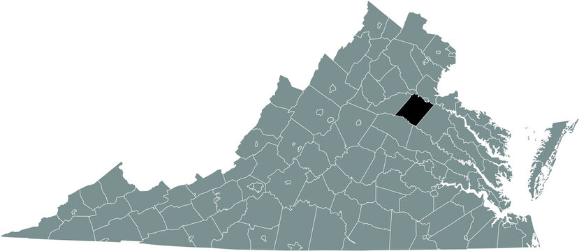 Black highlighted location map of the Spotsylvania inside gray administrative map of the Federal State of Virginia, USA