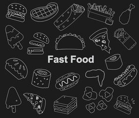 Black and white vector illustration set of fast food for coloring book and doodle on chalkboard