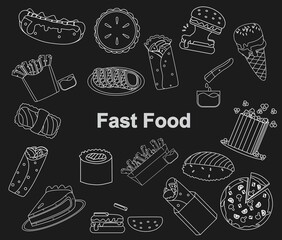 Black and white vector illustration set of fast food for coloring book and doodle on chalkboard
