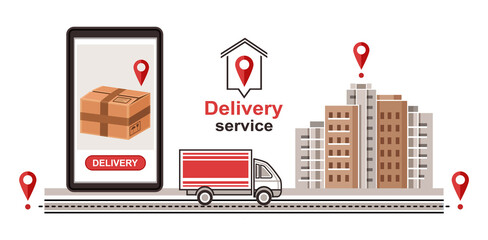 Express parcel delivery service. Transport shipping post package. Fast courier home deliver. Logistic supply. Online shopping. Order tracking. Cardboard box on smartphone screen, truck on road. Vector - obrazy, fototapety, plakaty