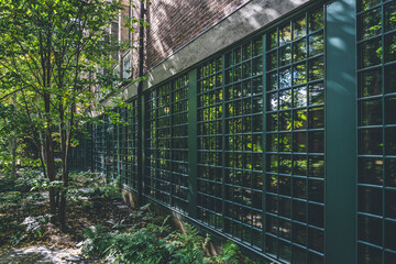 Fototapeta premium Brick wall with big glass windows secured with metal bars in the garden area