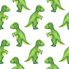 Seamless pattern with green dinosaurs. Watercolor Tyrannosaurus rex on a white background, earth dino print for fabric, textiles, wallpaper, packaging, paper