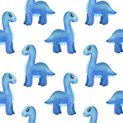 Seamless pattern with blue dinosaurs . Watercolor diplodocus on a white background, sample dino print for fabric, textiles, wallpaper, packaging, paper