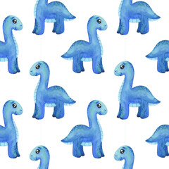 Seamless pattern with blue dinosaurs . Watercolor diplodocus on a white background, sample dino print for fabric, textiles, wallpaper, packaging, paper