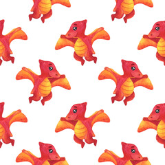 Seamless pattern with red pterodactyl . Watercolor flying dinosaur on a white background, sample dino print for fabric, textiles, wallpaper, packaging, paper © Анна Сухова