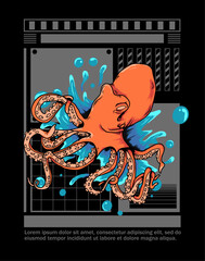 vector illustration of an octopus, on a modern geometric background, text writing template for t-shirts, apparel and merchandise