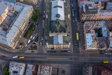 Fototapeta premium Beautiful aerial view of the Lviv city, historical city center, Ukraine, Western Ukraine. View of the Theatre of Opera and Ballet.