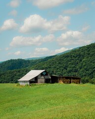 Fototapeta na wymiar Rural scene with farm fields and barn in the mountains of West Virginia