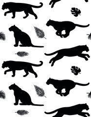 Vector seamless pattern of hand drawn flat tigers and palm leaves silhouette isolated on white background