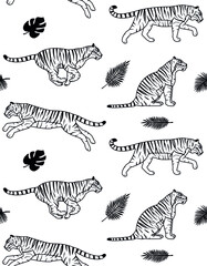 Vector seamless pattern of hand drawn flat tigers and palm leaves isolated on white background
