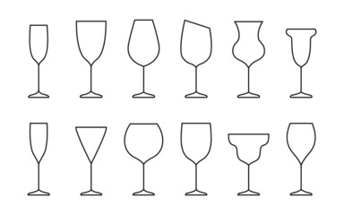 Wine glass line outline contour icon set in flat style. Sign object glasses for mobile app and website. Bar symbol, logo for company or store. Simple concept, design element. Vector illustration
