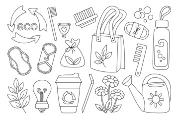 Zero Waste durable doodle eco set, recycle products. Linear ecology protection, go green lifestyle, no plastic. Reusable shopper bags, brushes and bottles, items hygiene, soap, thermo mug. Vector