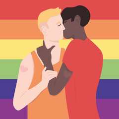 Obraz premium Two young men kiss against the background of the LGBT flag. An international gay couple in love. Love is love. pride month. Vector flat illustration