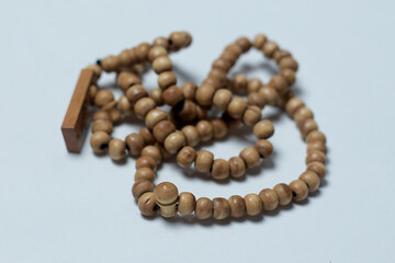 Prayer beads made of wood white background