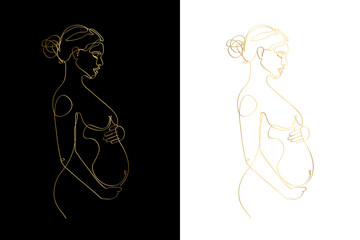 Pregnant mom gold line art, Pregnancy one line drawing, printable wall art, Nude woman body print, Belly female figure, Minimalist print	
