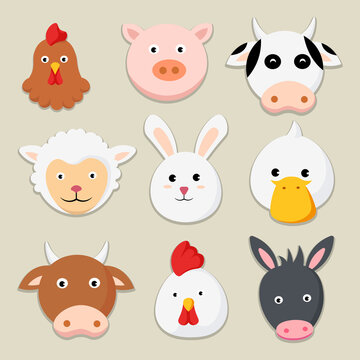 Farm animals cartoon icons set of chicken pig cow sheep rabbit duck bull chick donkey vector illustration