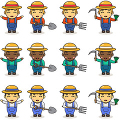 Vector illustration of Cartoon Boy farmer. cute farmer vector design with fork, shovel and sickle. Cute cartoon character. Isolated on white.