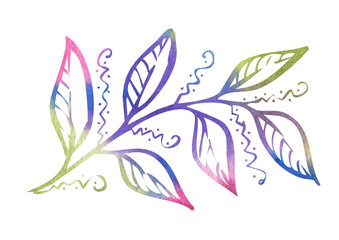 Fototapeta na wymiar Watercolor multicolor leave on white background. Green, violet, purple and pink colors Leafs on branch