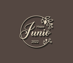 June or junio in spanish language typography text with isolated circle floral frame on black background