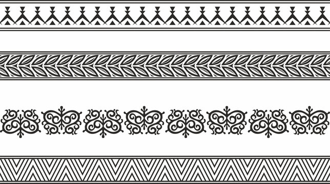 Vector set of seamless monochrome Yakut borders. Asian frames for decoration and ceramics, laser and plotter cutting. National ornaments of the peoples of the north.
