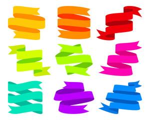 Obraz premium Ribbon holiday banner news colorful icon flat set. Bright signboard congratulation element of decor party surprise. Gift label for children modern label. Blank promotion sticker isolated on white