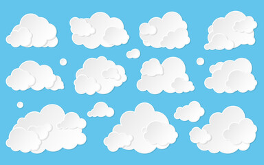 Cloud paper cut white flat set. 3D origami weather infoboard advertising postcard blank banner cloudy file storage. Sticker sale promotion info discount label icon meteorology cartoon style isolated