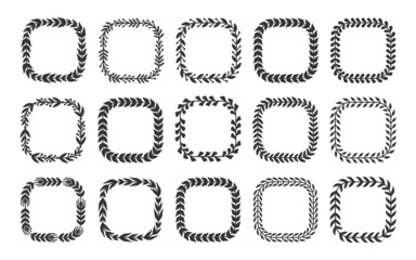 Natural frame leaf winner black silhouette set. Plant pattern award success. Heraldic vintage badge frame tattoo. Spring summer invitation card logo. Square shape achievement isolated on white