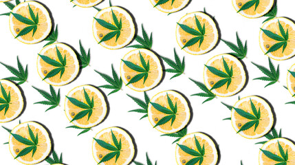 Pattern with Cannabis or hemp leafs with lemon, Marijuana terpenes concept