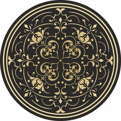 Vector round golden classic ornament. A circle with a europe gold pattern on the black background. Ceiling decoration, ancient Rome, Greece.
