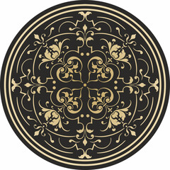 Vector round golden classic ornament. A circle with a europe gold pattern on the black background. Ceiling decoration, ancient Rome, Greece.

