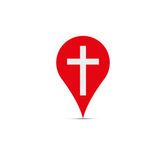Obraz premium Local church near you. Red location map pin. Flat isolated Christian vector illustration, biblical background.