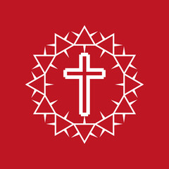 Obraz premium Stylized crown of thorns with cross emblem. Flat isolated Christian vector illustration, biblical background.