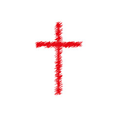 Red scribble cross. Ink brush. Flat isolated Christian vector illustration, biblical background.