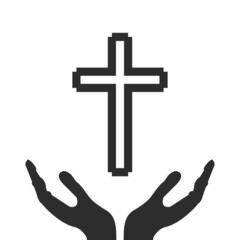 Cross and saving hands. Flat isolated Christian vector illustration, biblical background.