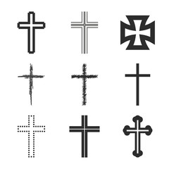 Collection of crosses, crucifixes of various shapes. Flat isolated Christian vector illustration, biblical background.