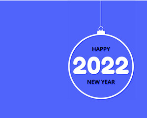 Happy new year greeting card with 2022 white numbers in shape of christmas ball on blue