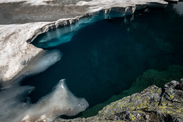 transparent bottom of a mountain lake and ice floes