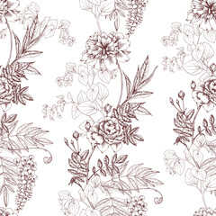 Garden flowers seamless vector pattern on a white background. Botanical illustration of flower engraving