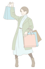 ショッピングで買い物袋を大量に持つ女性のイラスト（パステルカラー）