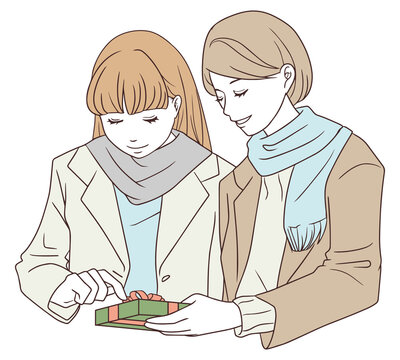 ショッピングでプレゼントを選ぶ二人の女性のイラスト