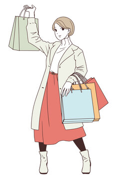 ショッピングで買い物袋を大量に持つ女性のイラスト