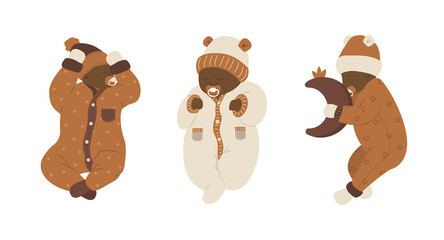 Boho sleeping baby. Set of cute african newborns with pacifiers in scandinavian clothes. Healthy sleep concept. Vector illustration in flat cartoon style.
