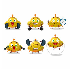 A healthy UFO yellow gummy candy cartoon style trying some tools on Fitness center