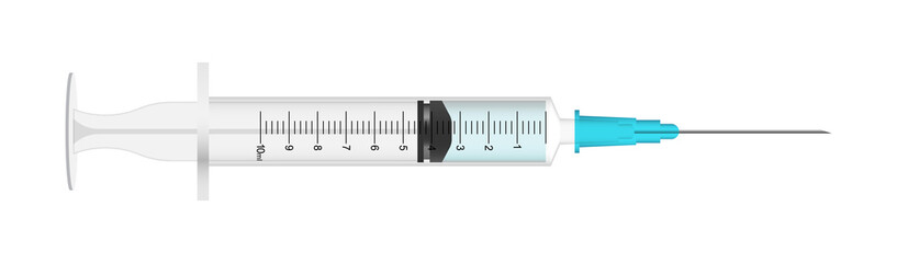 Realistic syringe icon in flat style. Coronavirus vaccine inject vector illustration on isolated background. Vaccination sign business concept. © Lysenko.A